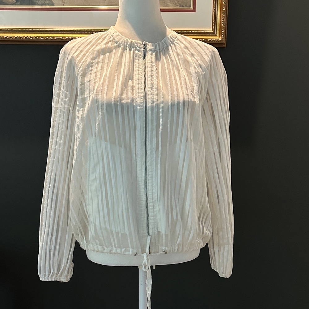 Zara Elegant White Striped Women's Jacket With Pockets And Zipper Closure
